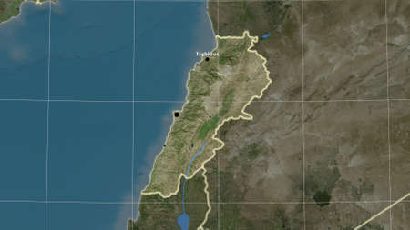 Lebanon area map in the Azimuthal Equidistant projection. satellite imagery. Full composition of rasters with borders, main cities, capital name and graticuleの写真素材