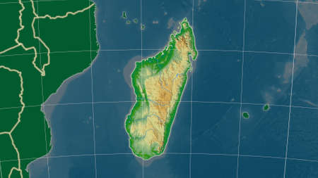 Madagascar area map in the Azimuthal Equidistant projection. color physical map. Overlay with clean background, borders and graticuleの写真素材