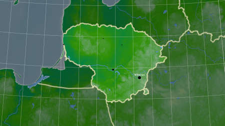Lithuania area map in the Azimuthal Equidistant projection. color physical map. Full composition of rasters with borders, main cities, capital name and graticuleの写真素材