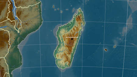 Madagascar area map in the Azimuthal Equidistant projection. topographic relief map. Full composition of rasters with borders, main cities, capital name and graticuleの写真素材