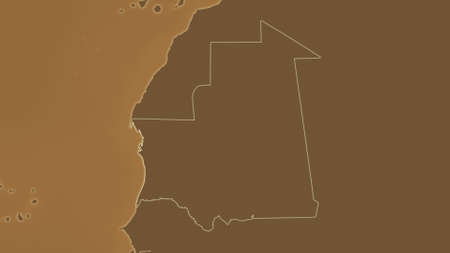 Mauritania area map in the Azimuthal Equidistant projection. tinted elevation shader. Clean shape without bordersの写真素材