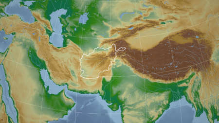 Afghanistan. Neighborhood - distant perspective with outline of the country. color physical map