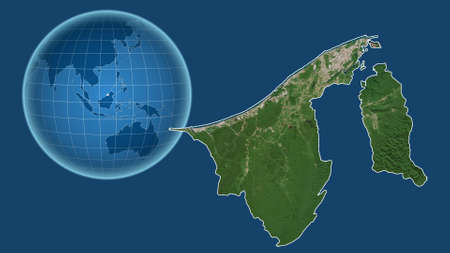 Brunei. Globe with the shape of the country against zoomed map with its outline isolated on the blue background. satellite imageryの写真素材