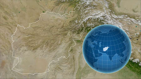 Afghanistan. Globe with the shape of the country against zoomed map with its outline. satellite imageryの写真素材