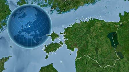 Estonia. Globe with the shape of the country against zoomed map with its outline. satellite imagery