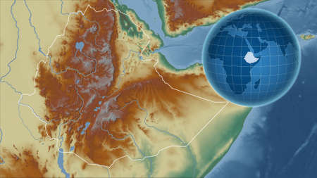 Ethiopia. Globe with the shape of the country against zoomed map with its outline. topographic relief mapの写真素材