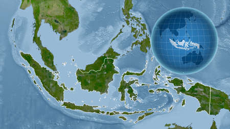 Indonesia. Globe with the shape of the country against zoomed map with its outline. satellite imageryの写真素材