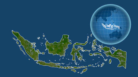 Indonesia. Globe with the shape of the country against zoomed map with its outline isolated on the blue background. satellite imageryの写真素材