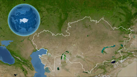 Kazakhstan. Globe with the shape of the country against zoomed map with its outline. satellite imageryの写真素材