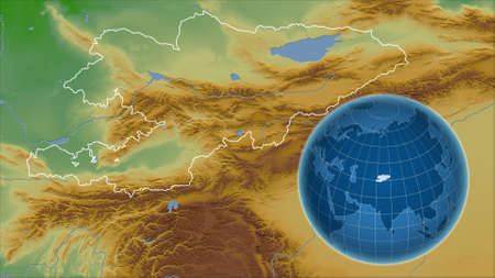 Kyrgyzstan. Globe with the shape of the country against zoomed map with its outline. color physical mapの写真素材