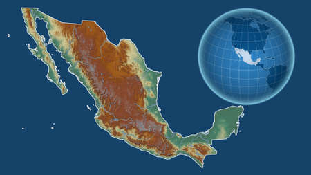 Mexico. Globe with the shape of the country against zoomed map with its outline isolated on the blue background. topographic relief mapの写真素材