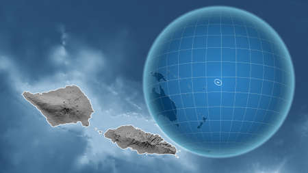Samoa. Globe with the shape of the country against zoomed map with its outline. grayscale elevation mapの写真素材