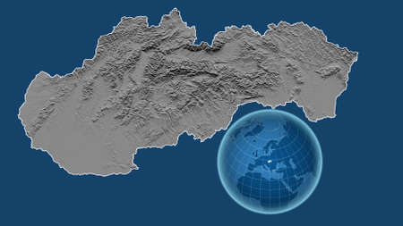 Slovakia. Globe with the shape of the country against zoomed map with its outline isolated on the blue background. grayscale elevation mapの写真素材