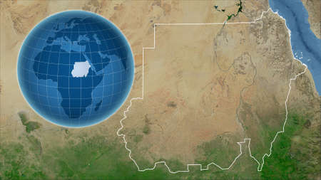 Sudan. Globe with the shape of the country against zoomed map with its outline. satellite imageryの写真素材