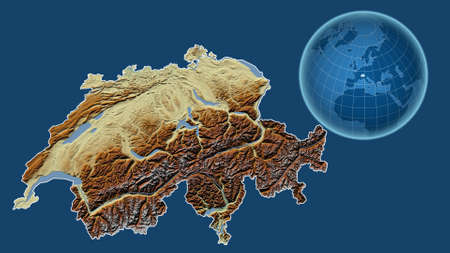 Switzerland. Globe with the shape of the country against zoomed map with its outline isolated on the...