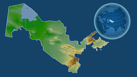 Uzbekistan. Globe with the shape of the country against zoomed map with its outline isolated on the blue background. color physical mapの写真素材
