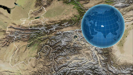 Tajikistan. Globe with the shape of the country against zoomed map with its outline. satellite imageryの写真素材