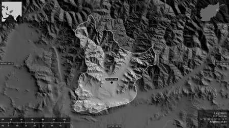 Laghman, province of Afghanistan. Grayscaled map with lakes and rivers. Shape presented against its...