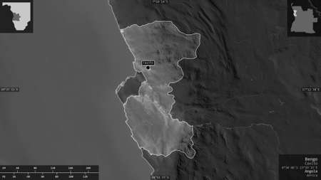 Bengo, province of Angola. Grayscaled map with lakes and rivers. Shape presented against its country...