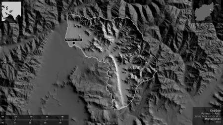 Kapisa, province of Afghanistan. Grayscaled map with lakes and rivers. Shape presented against its...