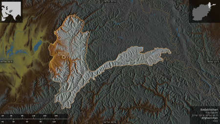 Badakhshan, province of Afghanistan. Colored relief with lakes and rivers. Shape presented against...