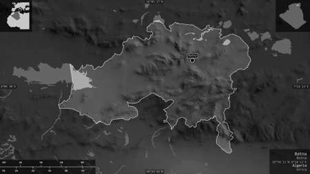 Batna, province of Algeria. Grayscaled map with lakes and rivers. Shape presented against its country area with informative overlays. 3D renderingの写真素材
