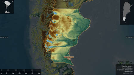 Santa Cruz, province of Argentina. Colored relief with lakes and rivers. Shape presented against its...