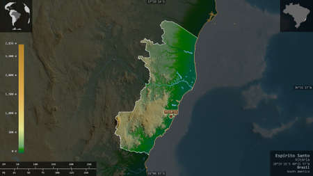 EspÃ­rito Santo, state of Brazil. Colored shader data with lakes and rivers. Shape presented...