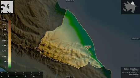 Quba-Khachmaz, region of Azerbaijan. Colored shader data with lakes and rivers. Shape presented...