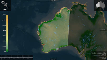 Western Australia, state of Australia. Colored shader data with lakes and rivers. Shape presented...