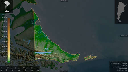 Tierra del Fuego, national territory of Argentina. Colored shader data with lakes and rivers. Shape...