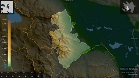 Yukhari-Karabakh, region of Azerbaijan. Colored shader data with lakes and rivers. Shape presented...