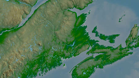 New Brunswick, province of Canada. Colored shader data with lakes and rivers. Shape outlined against its country area. 3D renderingの写真素材