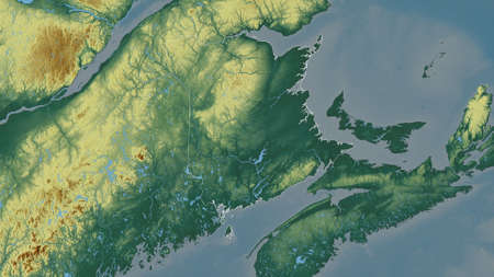 New Brunswick, province of Canada. Colored relief with lakes and rivers. Shape outlined against its country area. 3D renderingの写真素材
