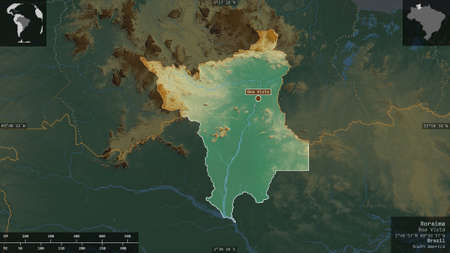 Roraima, state of Brazil. Colored relief with lakes and rivers. Shape presented against its country...