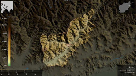 Kunar, province of Afghanistan. Colored shader data with lakes and rivers. Shape presented against...