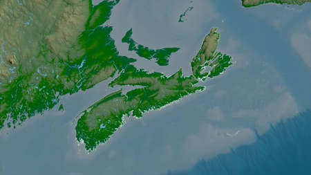 Nova Scotia, province of Canada. Colored shader data with lakes and rivers. Shape outlined against its country area. 3D renderingの写真素材