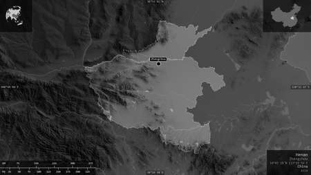 Henan, province of China. Grayscaled map with lakes and rivers. Shape presented against its country...