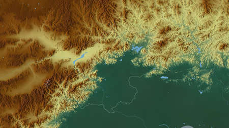 Beijing, municipality of China. Colored relief with lakes and rivers. Shape outlined against its...