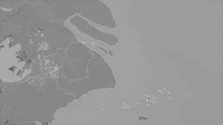 Shanghai, municipality of China. Grayscaled map with lakes and rivers. Shape outlined against its...