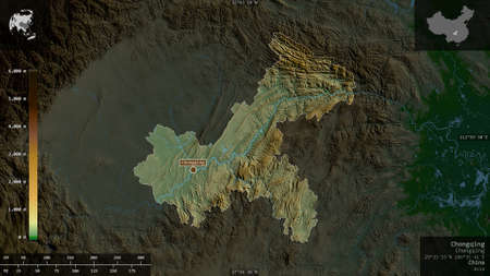 Chongqing, municipality of China. Colored shader data with lakes and rivers. Shape presented against...
