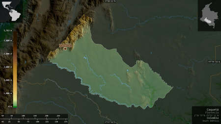 CaquetÃ¡, intendancy of Colombia. Colored shader data with lakes and rivers. Shape presented...