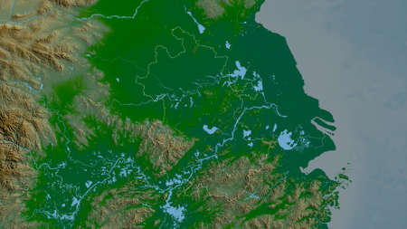 Anhui, province of China. Colored shader data with lakes and rivers. Shape outlined against its...