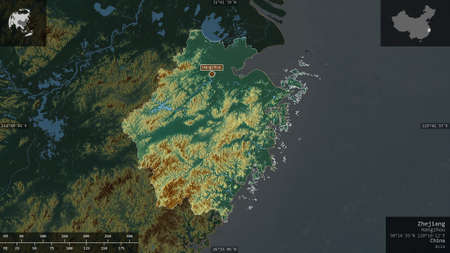 Zhejiang, province of China. Colored relief with lakes and rivers. Shape presented against its...