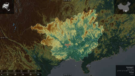 Guangxi, autonomous region of China. Colored relief with lakes and rivers. Shape presented against...
