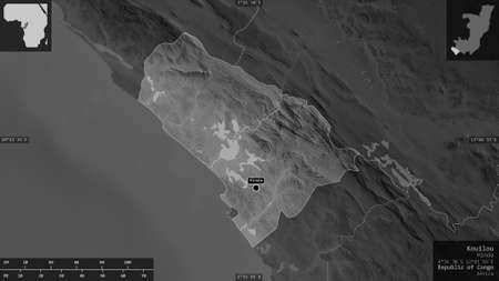Kouilou, region of Republic of Congo. Grayscaled map with lakes and rivers. Shape presented against...