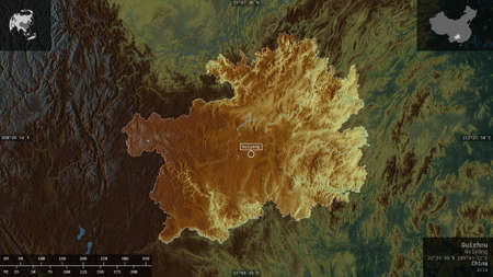 Guizhou, province of China. Colored relief with lakes and rivers. Shape presented against its...