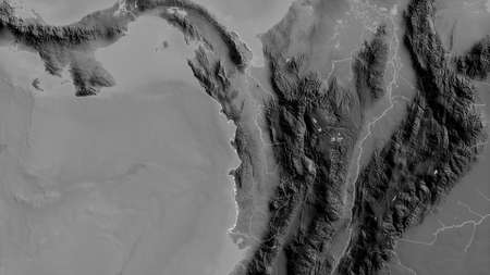 ChocÃ³, department of Colombia. Grayscaled map with lakes and rivers. Shape outlined against its...