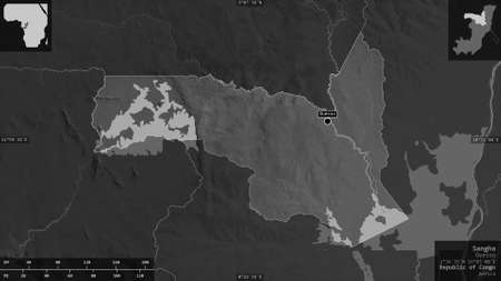 Sangha, region of Republic of Congo. Grayscaled map with lakes and rivers. Shape presented against its country area with informative overlays. 3D renderingの写真素材