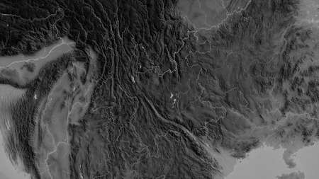 Yunnan, province of China. Grayscaled map with lakes and rivers. Shape outlined against its country...